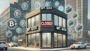 Mt. Gox building with a "Closed" sign, surrounded by digital wallets