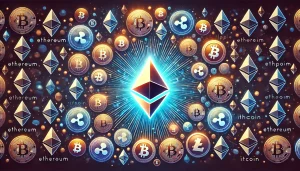 A digital art representation of Ethereum's logo surrounded by various altcoin symbols, with some symbols fading or breaking apart