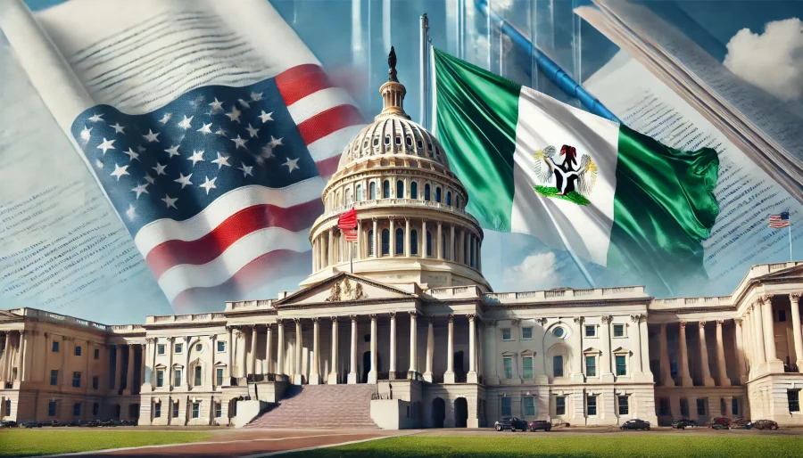 Capitol building with American and Nigerian flags in foreground, document overlay
