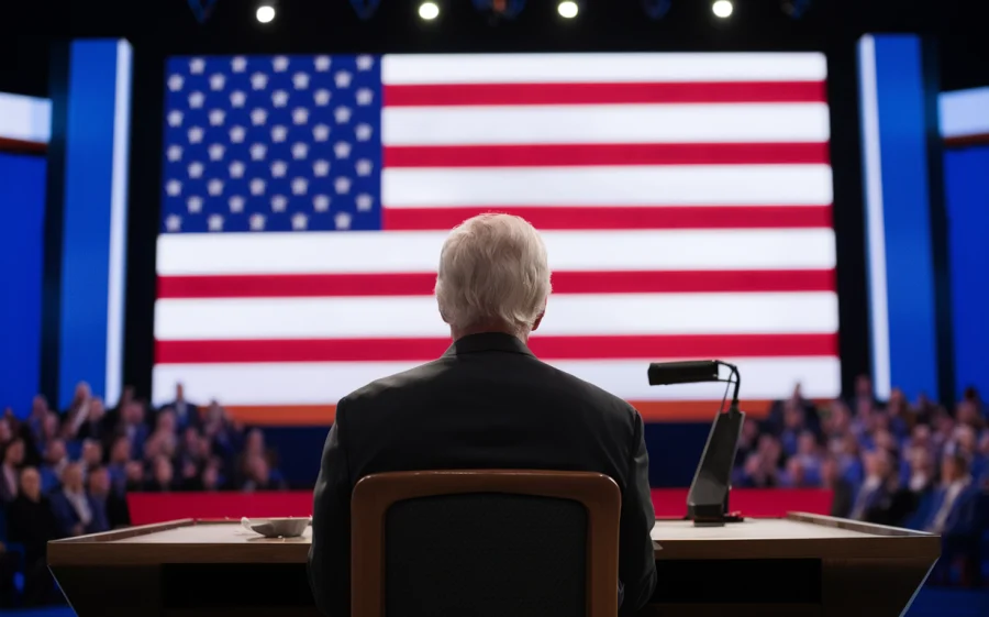 Presidential debate. Viewed from behind Donald Trump is standing in front of podium with a large American flag and audience in the background, cinematic