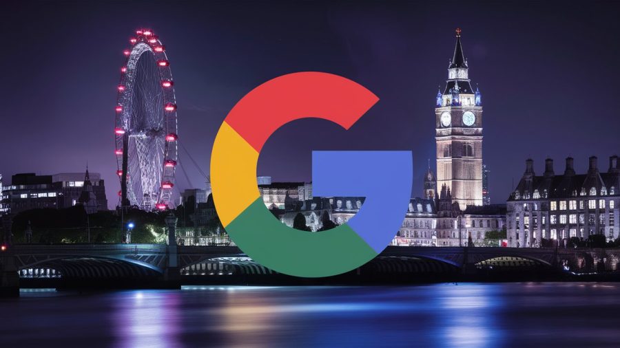 google logo over a night time background of a London skyline, poster