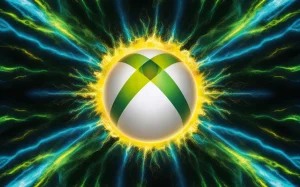 A vivid and animated representation of the iconic Xbox logo, set against a background that is a vibrant blend of electric blues and greens. The logo itself appears to be emitting a glow, as if it's pulsating with energy. The overall feel of the image is dynamic and lively, capturing the essence of the gaming experience., vibrant