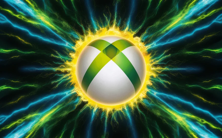 A vivid and animated representation of the iconic Xbox logo, set against a background that is a vibrant blend of electric blues and greens. The logo itself appears to be emitting a glow, as if it's pulsating with energy. The overall feel of the image is dynamic and lively, capturing the essence of the gaming experience., vibrant