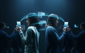 A captivating cinematic scene of two individuals standing face-to-face, each holding a mobile phone with their screens facing away. The atmosphere is tense, with a dimly lit environment and a subtle glow from the phones. As they exchange files wirelessly, the transfer process is visually represented by a digital stream of data flowing between the devices., cinematic.