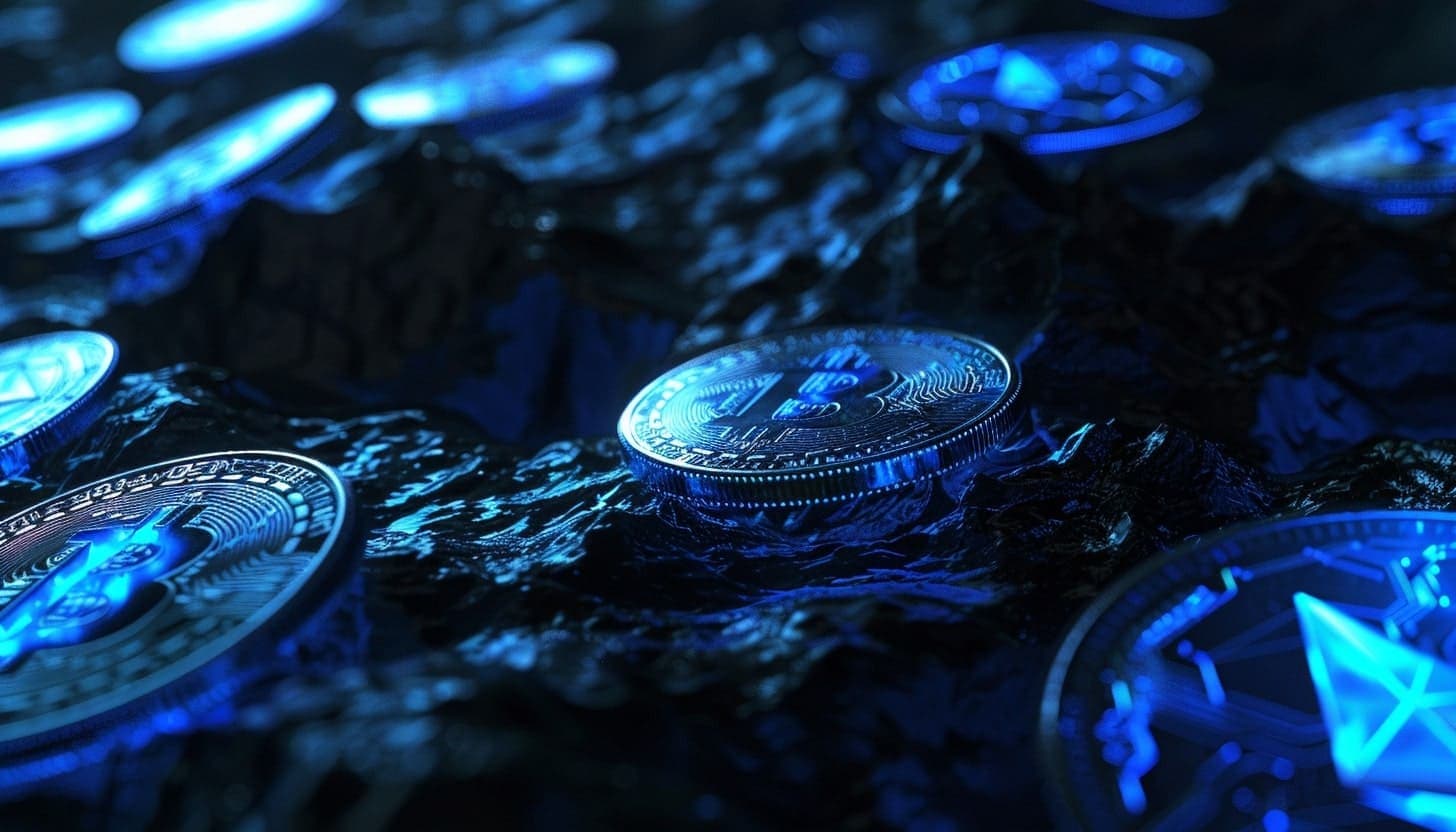 水の上に浮かぶ複数枚のビットコイン