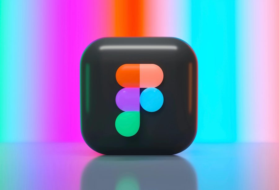 Figma 3D icon. Logo in the centre on a black background. Behind that is a colourful background which is blue, purple, red and blue again