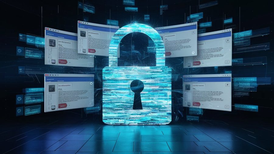 multiple browser windows open with holographic background and a big digital padlock in the foreground, poster