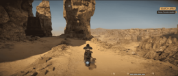 A screenshot from the gameplay video shows Kay Vass on her Speeder bike on Tatooine