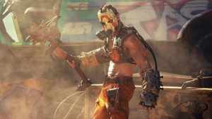 A screenshot for Borderlands movie shows a masked shirtless man in body armour and a menacing mask holding a giant axe.