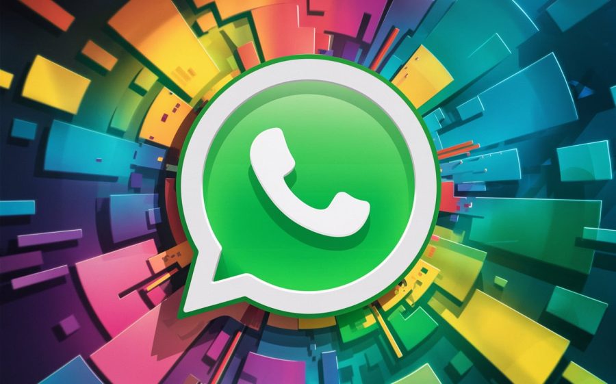 A vibrant, eye-catching illustration of the WhatsApp logo, featuring a bright green chat bubble with the iconic WhatsApp 'W' logo inside. The chat bubble is floating on a colorful backdrop of abstract shapes, gradients, and patterns, creating a playful and energetic atmosphere. The overall design is visually appealing and dynamic, capturing the essence of instant communication., vibrant