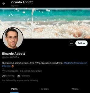 Fake X profile shows bot named Ricardo Abbott made by using Russian bot farm technology