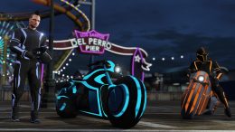 a motorcyclist in a scene from grand theft auto V walks away from a futuristic motorcycle wearing a black bodysuit with neon-blue trim