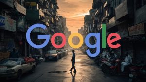 the google logo in front of an Indian city scene, poster