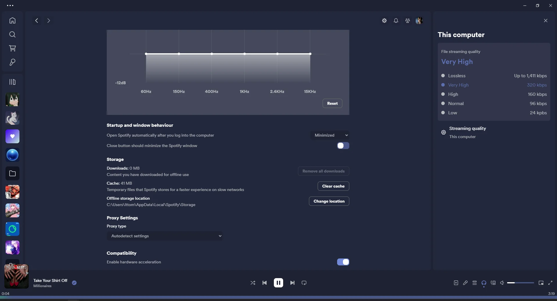Screenshot of the Spotify desktop app settings menu, displaying audio settings including an equalizer adjustment from 60Hz to 15kHz, storage options, proxy settings, and file streaming quality choices ranging from low to lossless