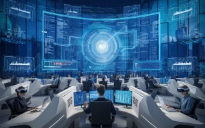 A futuristic telecom company office, showcasing a high-tech, open-concept workspace. The centerpiece is a massive holographic display board, presenting data and communication patterns in real-time. Employees are seen working at their sleek, ergonomic workstations, some wearing VR headsets for virtual meetings. The background features a wall of windows, revealing a bustling cityscape with towering skyscrapers