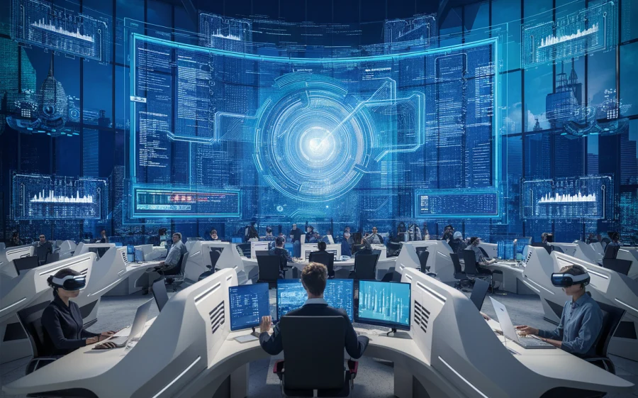A futuristic telecom company office, showcasing a high-tech, open-concept workspace. The centerpiece is a massive holographic display board, presenting data and communication patterns in real-time. Employees are seen working at their sleek, ergonomic workstations, some wearing VR headsets for virtual meetings. The background features a wall of windows, revealing a bustling cityscape with towering skyscrapers