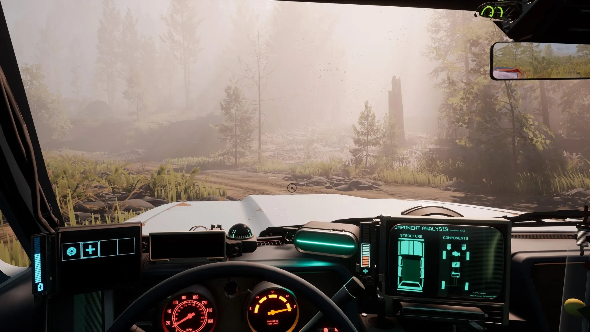 A screenshot from pacfic drice. A behind the wheel view as the player drives along a forest road.