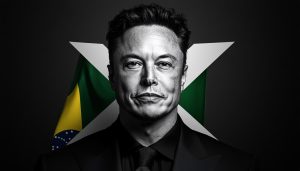 Brazil's Supreme Court threatens to suspend Elon Musk's X platform within 24 hours. Black and white headshot of Elon Musk on a black background with a large white X behind him and a Brazil flag. Dramatic in tone