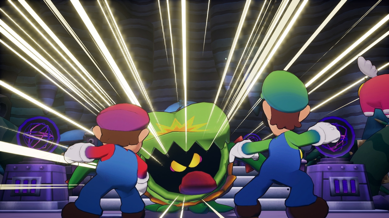 mario and luigi, seen from behind, confront a bad guy in mario and luigi brothership