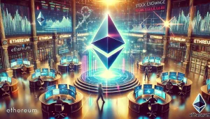 Ethereum logo floating above a stylized stock exchange trading floor, with digital graphs and charts in the background