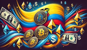 Abstract illustration of cryptocurrency symbols floating above a stylized Ecuadorian flag, with US dollar signs intertwined