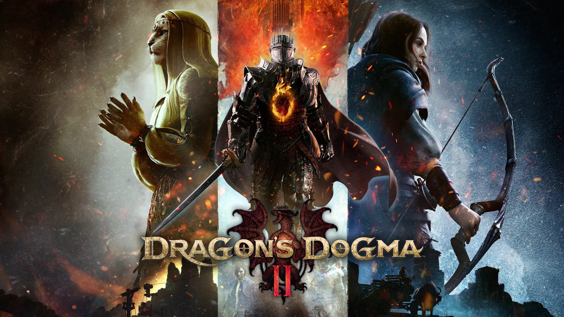 A cover image of Dragon's Dogma 2. Three fantasy heroes stand in the center of the page