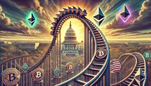 A digital art representation of a cryptocurrency roller coaster, with a steep climb followed by a sharp drop, set against a backdrop of the US Capitol building