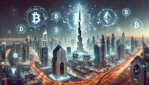 Futuristic cityscape of Dubai with cryptocurrency symbols floating in the sky