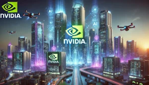 A futuristic cityscape with holographic AI symbols floating above skyscrapers, Nvidia logo prominently displayed