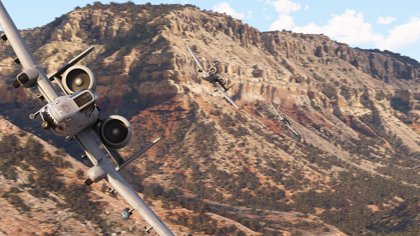 A COBRA Rattler banks into a slow turn with a western hogback in the background in Microsoft Flight Simulator 2024