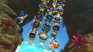 a wall of astro bots confront astro bot in astro bot