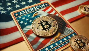 A golden Bitcoin coin alongside a patriotic red, white, and blue trading card, symbolizing the intersection of cryptocurrency and politics