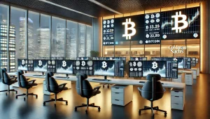 A sleek, modern office with multiple computer screens displaying Bitcoin logos and price charts, with a subtle Goldman Sachs logo in the background