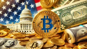 Bitcoin symbol surrounded by gold coins and dollar bills, with the US Capitol in the background