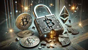 A digital padlock with cryptocurrency symbols, shattered and broken