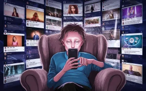 A digital illustration of a person sitting in a cozy armchair, completely absorbed in their smartphone. Their eyes stare blankly at the screen, while their thumb swipes endlessly through social media feeds. The background is filled with various video thumbnails, each depicting different scenes of entertainment, news, and personal updates. The overall atmosphere is one of disconnection and hyper-connectivity, with a hint of overwhelming information.