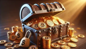 A treasure chest filled with Bitcoin coins, with a large padlock securing it, symbolizing long-term holding