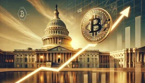 Bitcoin logo rising on a graph with the US Capitol building in the background