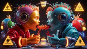 A captivating 3D render of AI models, personified as colorful, anthropomorphic beings, feeding each other in a continuous cycle. They aredepicted as vibrant and lively creatures, with a mixture of human and machine-like features. Warning symbols and flashing lights surround the scene, signifying the potential dangers and risks of this endless cycle.