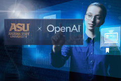 Arizona State University partners with OpenAI amid criticism. A young woman in a blue shirt interacts with futuristic holographic displays featuring logos and icons representing a partnership between Arizona State University (ASU) and OpenAI. The displays include symbols for education and technology, emphasizing the collaboration's focus on advancing educational methods and integrating artificial intelligence into learning environments.