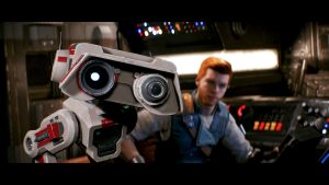 Cal Kestis and sidekick BD-1 aboard a spaceship looking at the viewer in Star Wars Jedi Survivor