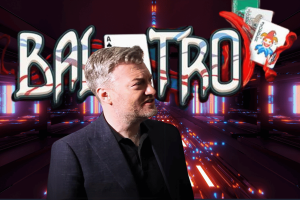 Black Mirror's Charlie Brooker warns Balatro may trigger widespread productivity crisis. The image features Charlie Brooker, the creator of Black Mirror, in the foreground with a thoughtful expression. Behind him, the name 