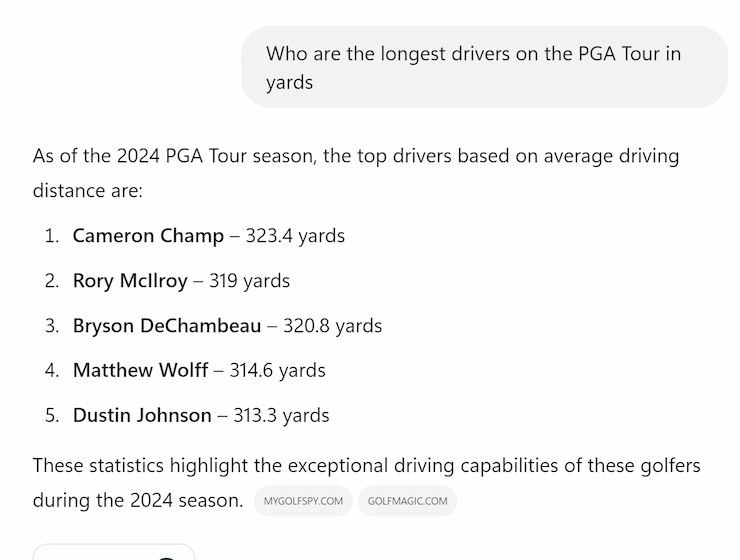 NFL Golf Longest Drivers Chat GPT Prompt Output 