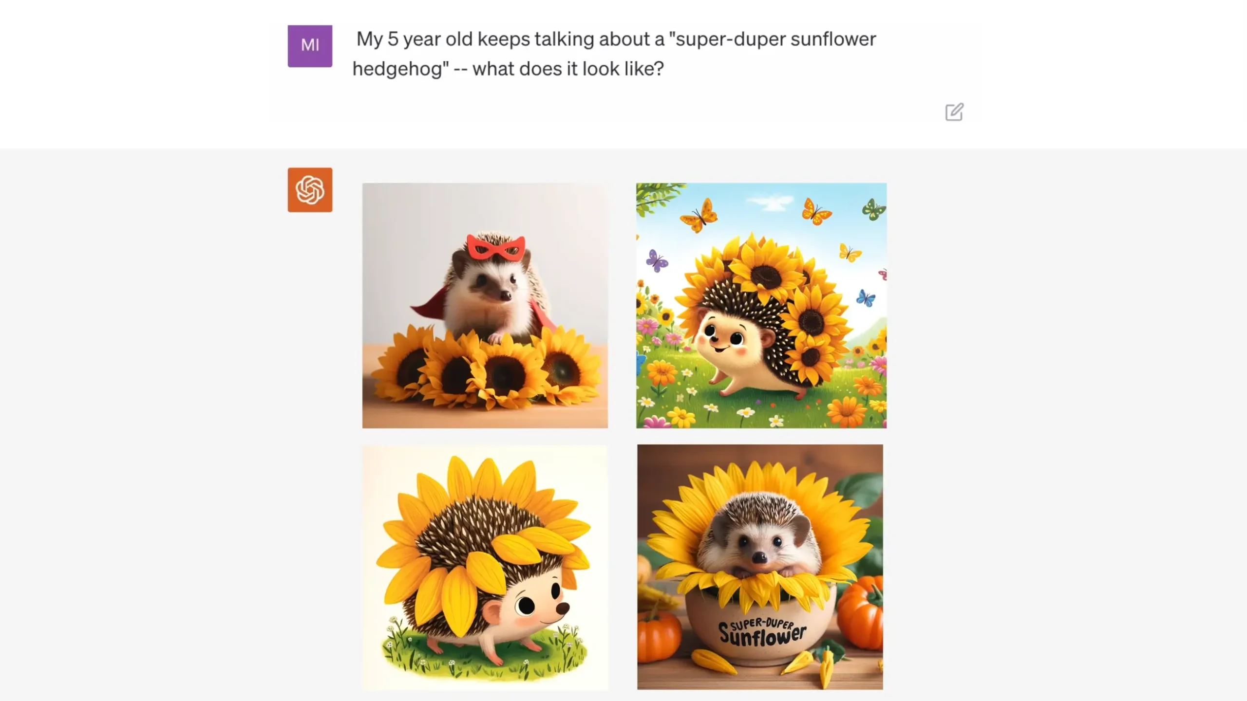 ChatGPT DALL-E 3 example, showing a prompt and then four images of a hedgehog with a sunflower