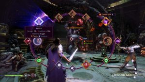 Gameplay screen from Dragon Age Veilguard pausing the action and showing the game's new Ability Wheel