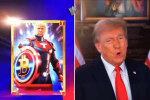 Donald Trump launches next batch of NFT trading cards for campaign funding, Trump is seen speaking wearing a red tie and suit next to an image of a trading card with him wearing an Ironman suit and a Bitcoin shield