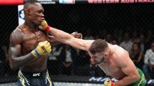 Israel Adesanya punched by Dricus du Plessis at UFC 305