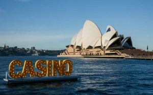 AI image of Australia landmark Sydney Opera Hosue with 'casino' sign in front.