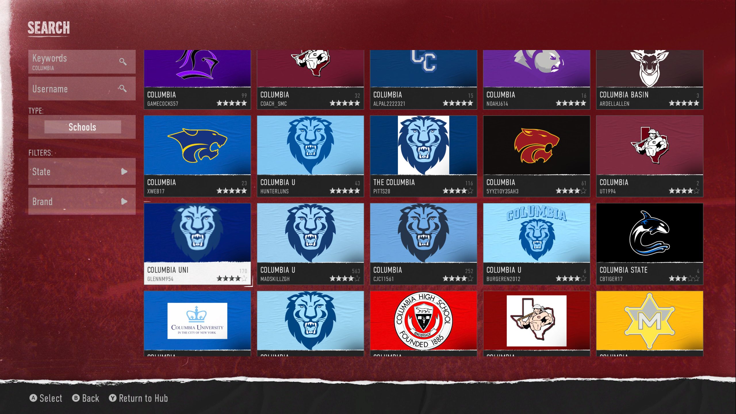 screenshot showing search results for "Columbia" in EA Sports College Football 25's Team Buiilder toolkit