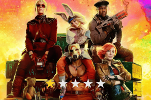 Early Borderlands movie reviews call it utterly forgettable and uninspired. This image shows a promotional poster for the "Borderlands" movie featuring its main cast. The characters are dressed in colorful, futuristic costumes against a vibrant, multicolored background. Each character has a unique style, contributing to the eclectic ensemble, including one character wearing bunny ears and another in military attire. The image includes a one-star rating at the bottom, indicating a negative review of the film.